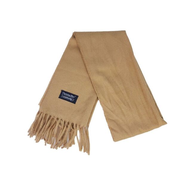 VTG Christian Dior Cashmere Scarf 100% Acrylic Beige Fringe Japan Scarf 60"×12" - Picture 1 of 9